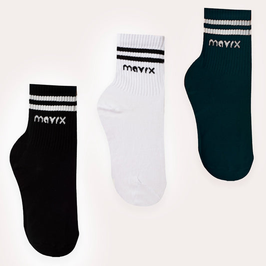 Pack of 3 pairs of long ribbed socks ( Teal, White, Black )